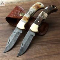 SET OF TWO DAMASCUS STEEL CUSTOM HANDMADE POCKET FOLDING KNIFE - ZB Knives Store