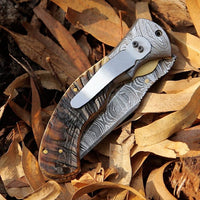 Mountain Majesty - Custom Handcrafted Damascus Steel Folding Pocket Knife with Sheep Horn Handle