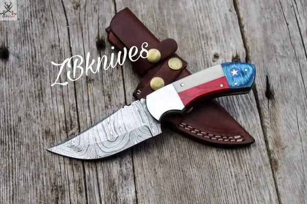 8" Skinner Knife – Damascus Steel | Texas Flag Handle | USA Hunters’ Choice - ZB Knives Store