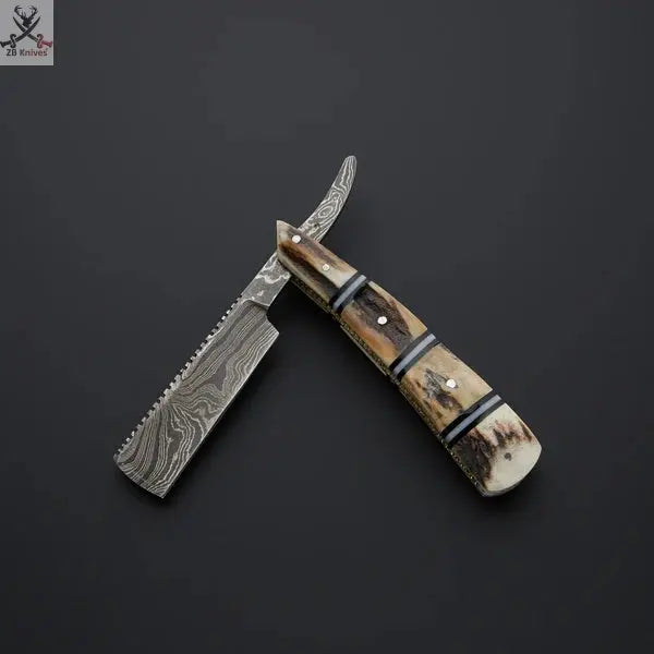 Stag Horn handmade Razor With Leather Sheath Handcrafted Damascus Razor for the Discerning Gentleman ZB Knives Store