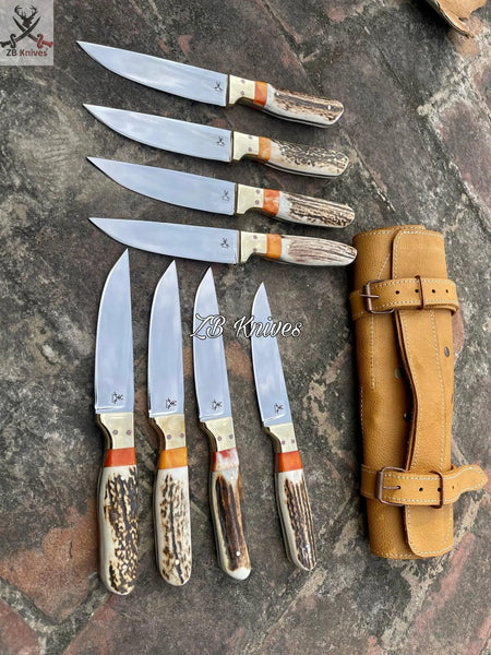 Steak Knife - D2 Steel Blade Set & Antler Horn Handle With Leather case - ZB Knives Store