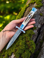 Premium Swing Guard Stiletto Knife – Automatic Switchblade with Antler Horn and Damascus Steel - ZB Knives Store