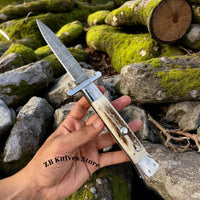 Swing Guard Stiletto Knife – Rare Italian Automatic with Antler Horn Handle and Damascus Steel Blade - ZB Knives Store