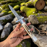 Swing Guard Stiletto Knife – Rare Italian Automatic with Antler Horn Handle and Damascus Steel Blade - ZB Knives Store