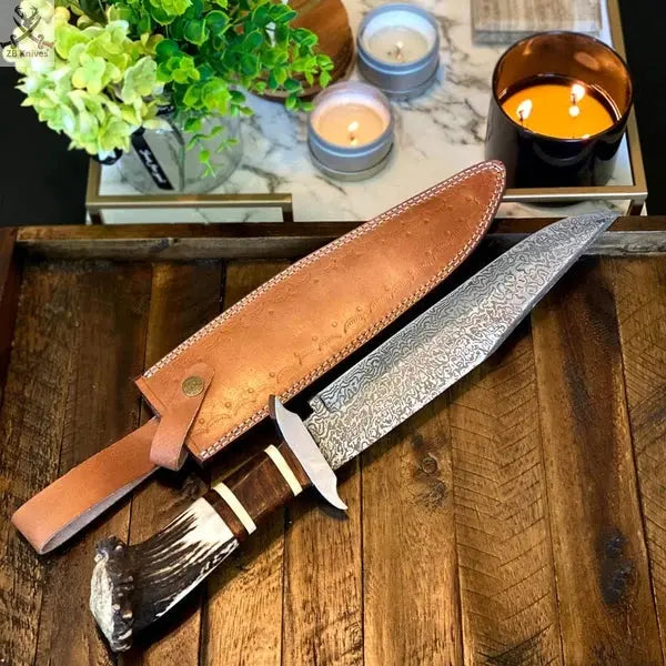 The Ultimate Big Bowie Knife for Sale - 15-Inch Damascus Steel Blade, Bone, Rosewood, Stag horn, Steel Guard Handle, Leather Sheath ZB Knives Store