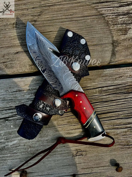 9.5" Inches HAND FORGED Full Tang Special Feather Damascus Steel Gut Hook Hunting Knife+ Leather sheath - ZB Knives Store