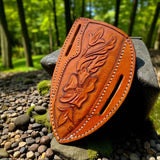 Vegetable-tanned leather cowboy knife sheath with Western floral engraving, fits 6 to 8 inch belt knives