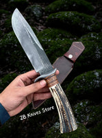 Western Bowie Knife – Antler Horn & Leather Grip with Leather Sheath - ZB Knives Store