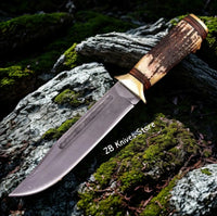 Bowie Hunting Knife - High Carbon steel Blade, Antler Horn Handle With Leather Sheath - ZB Knives Store