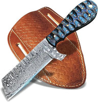 Bull Knife - Damascus Steel Blade with Exotic Color Wood Handle - Belt Knife Sheath - ZB Knives Store