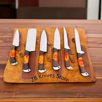 Set of six knives set for kitchen with leather sheaths branded 'ZB Knives Store'.