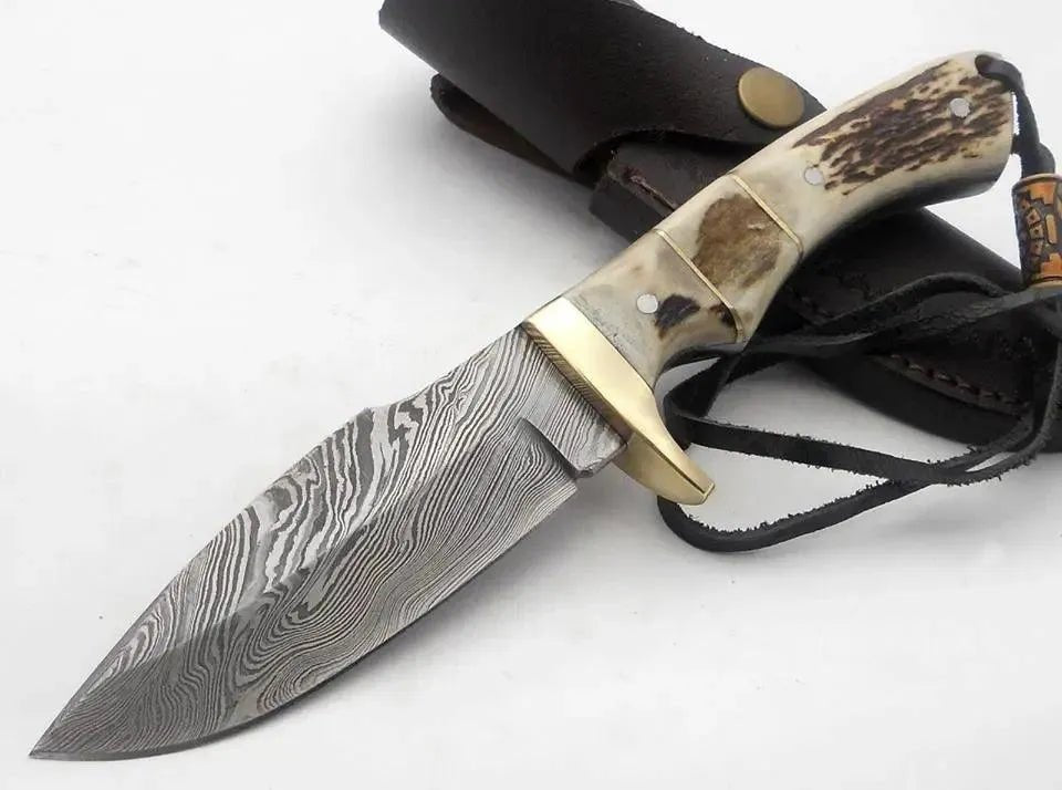 9" Inches HAND FORGED Full Tang Damascus Steel Hunting Knife+ Leather sheath - ZB Knives Store