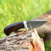EDC Wood Handle Knife - Damascus Steel Blade With Custom Leather Knife Sheath