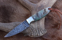 Working Buckaroo Knife Damascus Steel Blade with Sheep Horn Handle