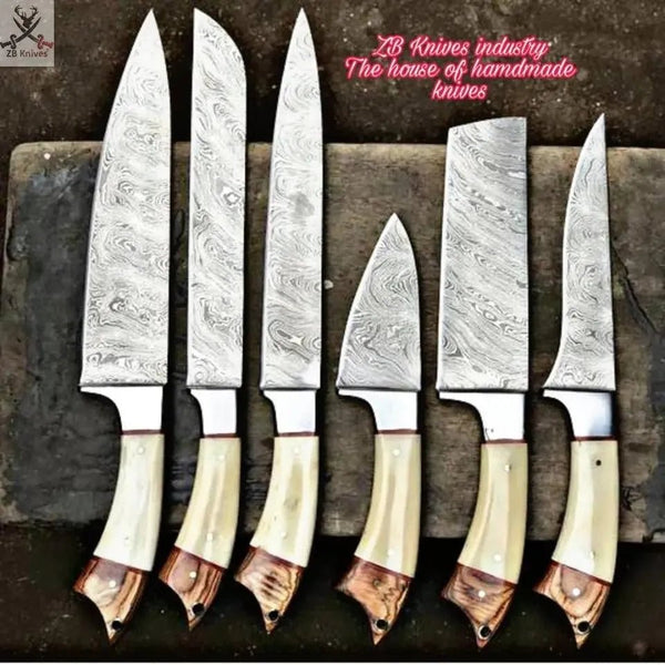 6 PCS HAND FORGED Full Tang Damascus Steel kitchen knives knife set + Leather Sheath - ZB Knives Store