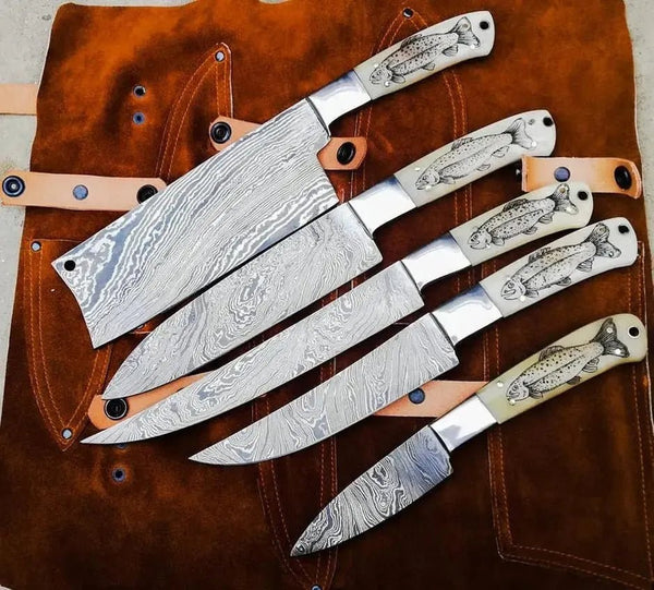 5 PCS HAND FORGED Full Tang Damascus Steel kitchen knives set - ZB Knives Store