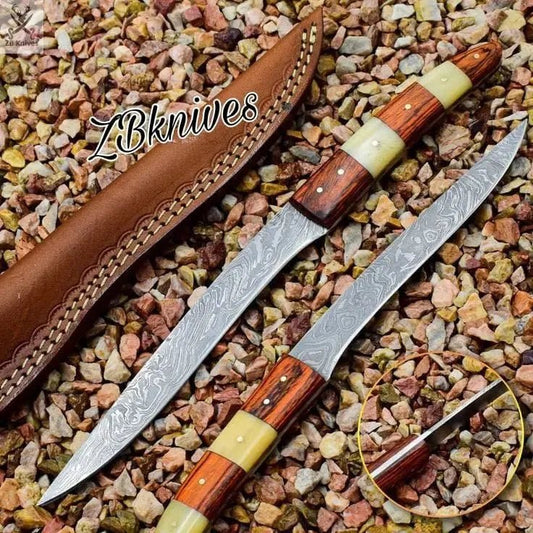 knife for fish fillet 13" Inches HAND FORGED Full Tang Damascus Steel + leather sheath - ZB Knives Store