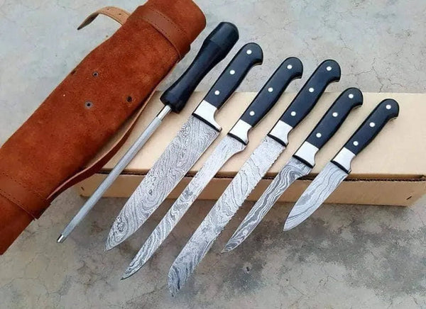6 PCS HAND FORGED Full Tang Damascus Steel Kitchen Set Knives + Leather Sheath - ZB Knives Store