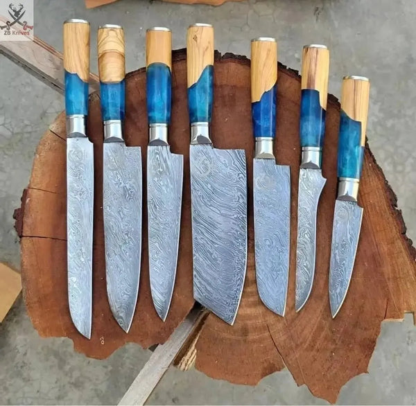 7 PCS HAND FORGED Full Tang Damascus Steel quality kitchen knives - ZB Knives Store
