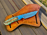 Handmade Damascus Steel Cowboy Knife, Pine Cone Handle, Pancake Leather Sheath, Special Occasion Gift