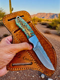 Handmade Damascus Steel Cowboy Knife, Pine Cone Handle, Pancake Leather Sheath, Special Occasion Gift