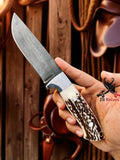 Handcrafted Hunting Knife: Stag Horn Handle, Leather Sheath, Sharp Steel Blade