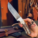 Handcrafted Hunting Knife: Stag Horn Handle, Leather Sheath, Sharp Steel Blade
