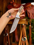 Handcrafted Hunting Knife: Stag Horn Handle, Leather Sheath, Sharp Steel Blade