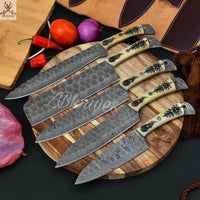 5 PCS HAND FORGED Full Tang Damascus Steel Kitchen Set Knives+ Leather Roll kit ZB Knives Store