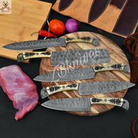 5 PCS HAND FORGED Full Tang Damascus Steel Kitchen Set Knives+ Leather Roll kit ZB Knives Store