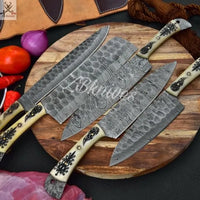 5 PCS HAND FORGED Full Tang Damascus Steel Kitchen Set Knives+ Leather Roll kit ZB Knives Store