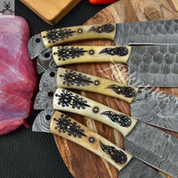 5 PCS HAND FORGED Full Tang Damascus Steel Kitchen Set Knives+ Leather Roll kit ZB Knives Store