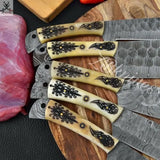 5 PCS HAND FORGED Full Tang Damascus Steel Kitchen Set Knives+ Leather Roll kit ZB Knives Store