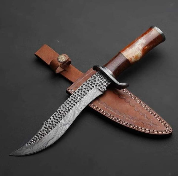 15.5" Inches HAND FORGED Fixed Blade Damascus Steel Hunter Bowie Knife+ Leather sheath