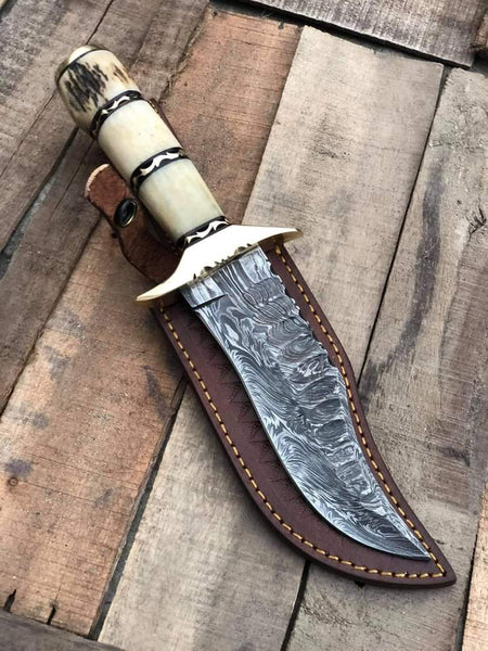 15" inch HAND FORGED Damascus Steel Bowie knife + Leather Sheath