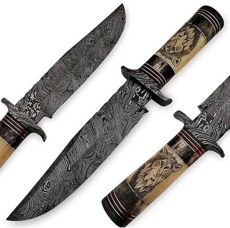 Damascus Engraved Hunting Bowie Knife - ZB Knives Store