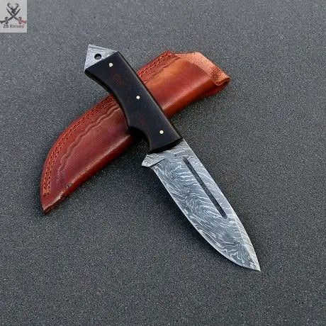 9.25" Inches HAND FORGED Full Tang Damascus Steel Hunting Knife+ Leather sheath - ZB Knives Store
