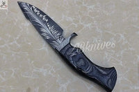 9" inches HAND FORGED Fixed Blade Special Feather Damascus Steel Hunting Knife🖤🖤🖤 + leather sheath ZB Knives Store