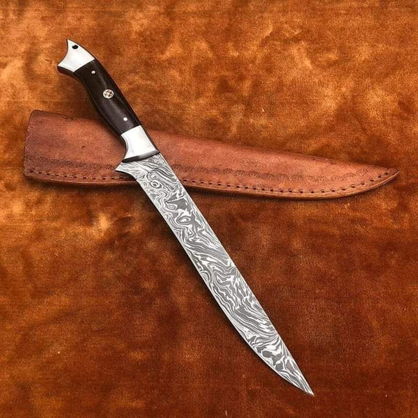 14 inch HAND FORGED Damascus Steel Fishing Fillet knife + Leather